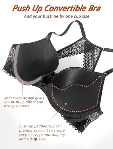 DotVol Women's Plunge Underwire Front Closure Push Up Bra Convertible Bohemian Back Everyday Bra(Black, 38DD) - Image 5