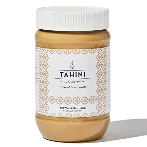 Villa Jerada, Premium Tahini 16 oz Small-Batch Roasted Stone-Ground USA Sesame Seeds, Moroccan Family Recipe, Creamy Texture, Perfect to make Hummus
