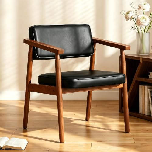 LSSPAID Mid Century Dining Chairs with Wooden Handrail, Black Upholstered Pu Leather Armchair Comfy Backrest Modern Kitchen Chairs for Bedroom Living Room Dining Room, Set of 1