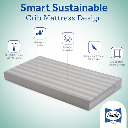 Image of Sealy Baby Butterfly Crib Mattress plus Toddler Bed Fit, Premium American Foam, Washable Easy to Clean Zip Off Cover, GREENGUARD Gold Certified, Safety & Quality Tested, Made in USA, 52 inchX28 inch - Stripes