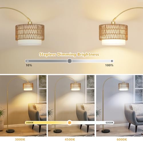 Rayofly Or Lampe à Arc Salon avec Télécommande, Moderne Lampadaire Salon Dimmable avec Abat-jour en Rotin et Ampoule LED, Contrôle App, Boho Floor Lamp, Lampadaire Arc pour Chambre à Coucher – vue 2