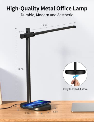 Momax Led Desk Lamp With Wireless Charger, Q.led, Usb Charging Port, Eye Caring Metal Desk Light, Dimmable, Adjustable, 6 Brightness, 3 Color, Rotatable, Touch Control, Timer, Memory Function (Black) #TOP4