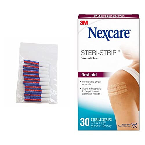 Medique Products 92812 Liquid Skin Bandage, 10 Pack & Nexcare Steri-Strip Skin Closure, Hypoallergenic, Securing, Closing Supporting Cuts and Wounds, Suture, Staple Removal, 0.25 x 4 in, 30 Count