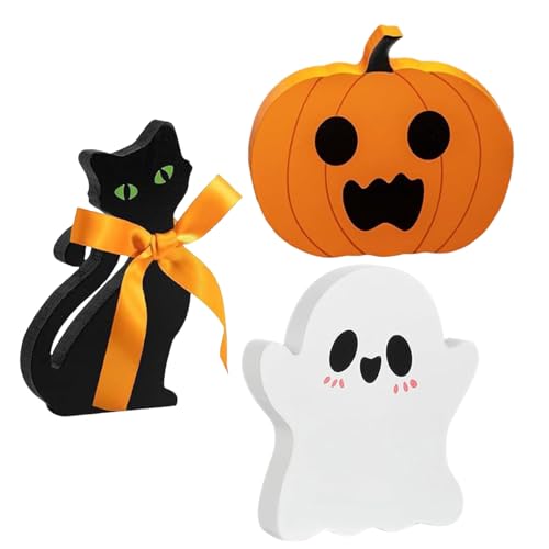 Tianhengyi Wooden Halloween Decorations Set - Cute Ghost, Pumpkin & Black Cat Blocks Signs for Indoor Outdoor Holiday Home Decor, Mantel, Tabletop Centerpiece, Spooky Gift (Set of 3)