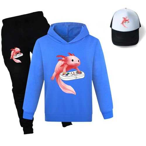 Boys Axolotl Hoodie Trousers and Sunhats 3Pcs Tracksuit Sweatshirt Set Axolotl Merch Kids Solid Color Hoodie