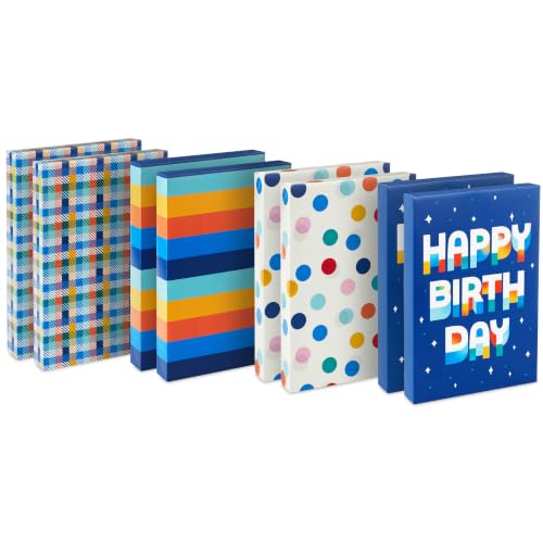 Hallmark Designed Shirt Boxes with Lids (8 Boxes: 2 Each of Orange and Blue Stripes, Plaid, Dots, Happy Birthday) for Birthdays, Father's Day, Graduations
