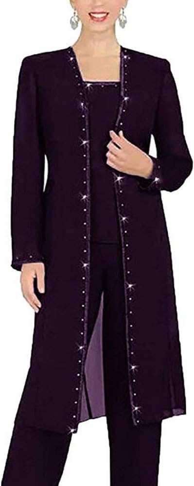 Leader of the Beauty 3 Piece Chiffon Beaded Pant Suits Mother of The Bride Pant Suits with Long Jacket for Women Formal 18 Grape