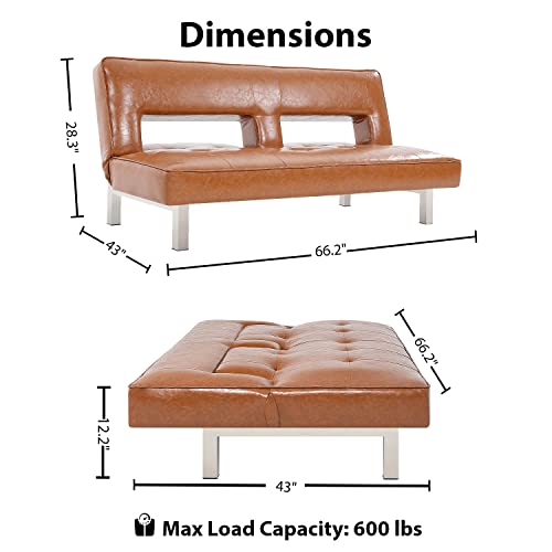 Astrid Futon Sofa Bed Faux Leather Futon Couch Modern Convertible Folding Sofa/Bed Couch With Chrome Legs Reclining Mini Coach Leather Futons Small Couch For Bedroom Living Rooms, Office - Caramel #TOP1