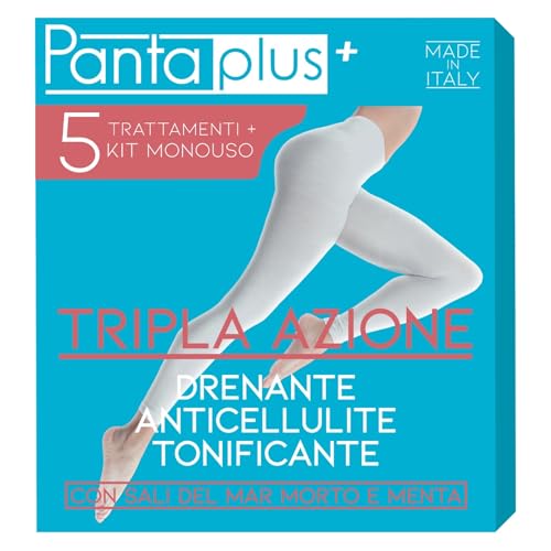 PANTAPLUS+ Anti-Cellulite-Strumpfhose mit Salzen aus dem Toten Meer und Minze, hergestellt in Italien, Alternative zu Anti-Cellulite-Bandagen, Einheitsgröße (5 Behandlungen + 5 Einweg-Sets)