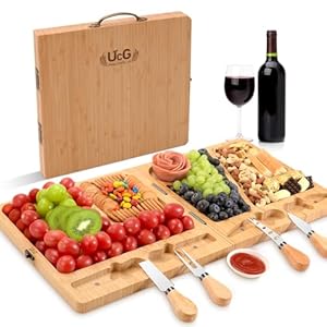 UTCG Bamboo Charcuterie Board Set – Large Folding Cheese Board with Knife Set – Unique White Elephant Gift, House Warming Gift, Wedding Gifts – 22.8 x 11.4 Inches