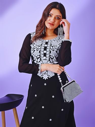 Image of HESVI Women's Georgette White Lakhnavi Chikankari Kurti with Intricate Embroidery Work