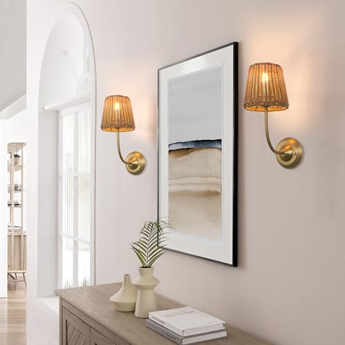 Image of 1-Light Boho Wall Sconce Fixture with Imitation Rattan Woven Shade, Rustic Hardwired Rattan Sconce Wall Lighting for Bedside Hallway Living Room Bedroom