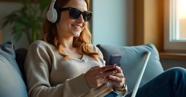 A person wearing headphones and sunglasses, smiling while using the BlindShell Classic 3 phone.