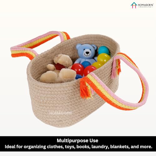 Image of HOMADORN Cotton Storage Basket with Sturdy Handles - Foldable, Durable, and Stylish Organizer for Toys, Clothes,Gifting and Home Essentials (BEIGE)