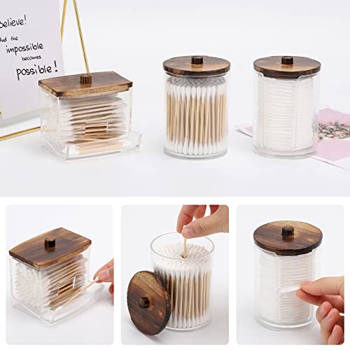 Image of Tbestmax 4 Pack Qtip Holder Dispenser, 10 /7oz Bathroom Container for Cotton Ball Cotton Swabs Pads, Apothecary Jar with Wood Lids for Organizer and Storage (Brown)