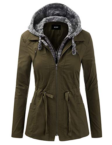 FASHION BOOMY Women's Zip Up Safari Military Anorak Jacket with Hood Drawstring - Regular and Plus Sizes Large NL-Olive