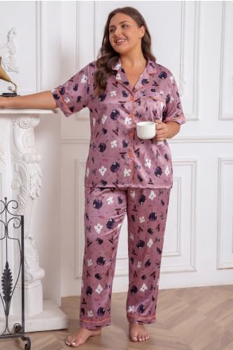 Image of Vozanet Women's Button Down Satin Pajama Sets Silky Short Sleeve Top & Pants Plus Size Loungewear Classic Sleepwear XL to 5XL