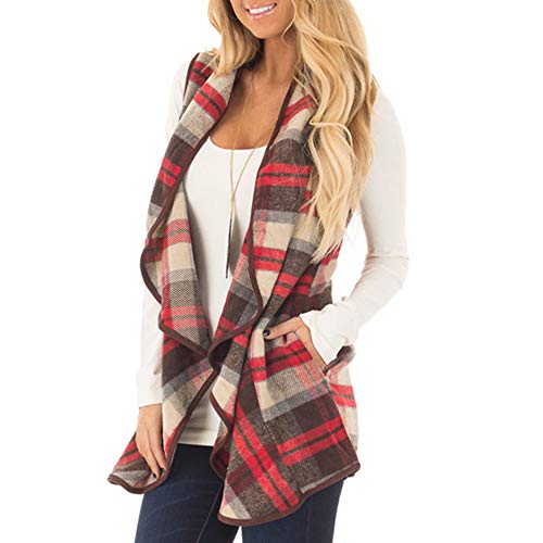 Sumtory Sleeveless Blazer for Women Plaid Woolen Lapel Jacket Office Outerwear-Capes XL, Wine Red