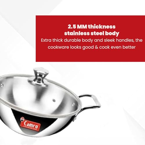 Image of Camro Triply Artisian kadhai 1.2 Liters with Glass Lid | Kadhai for Deep Frying | Kadhai Induction Base | Kadai for Cooking Stainless Steel | Induction Friendly Dishwasher Safe | 6 Years Warranty