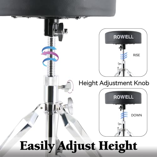 ROWELL Drum Throne Adjustable Drum Stool Lightweight Drum Seat Soft Drum Stools for Kids Widen Thick-Padded Electric Drum Kit Thrones Max Weight 330Lb Drum Set Stool for Adults Women Drummers(Blcak)