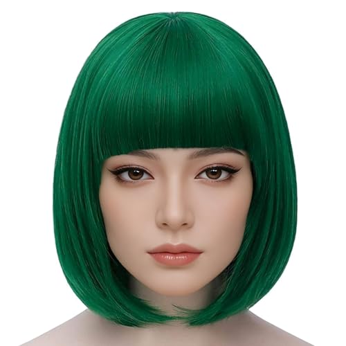 12 Zoll Bob Perücke mit Pony in Grün, Modische Kurzhaarige Gerade Bob Perücken, Atmungsaktives Innenmesh, Neon Party Kunstfaser Schulterlänge Perücke, St. Patrick's Day Cosplay Kostüm
