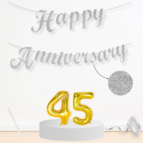Image of Flyloons 45th Happy Anniversary Banner Silver Decorations Kit for Men Women Wedding Anniversary Banner Items without Balloons