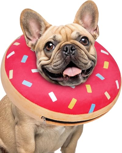Image of Inflatable Dog Pillow Cone Collar After Surgery, Donut Soft Neck Cone for Beagle French Bulldog Medium Plus Dogs, etc, Recovery E Collar to Stop Pink Donut