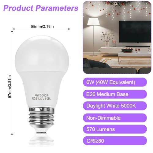 UPWATT E26 LED Light Bulbs, A15 6W (40W Equivalent), Daylight White 5000K, Non-Dimmable Medium Base Bulbs for Home Lighting, 4 Pack — view 2