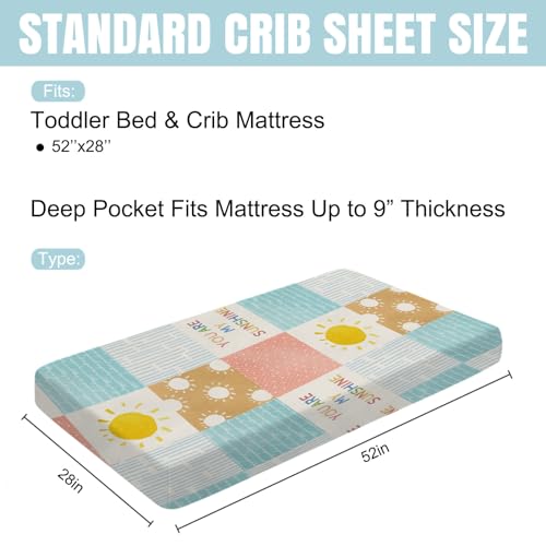 Image of Colorful Boho Sun Baby Crib Sheet 52''x28'' Cute Sunshine Stripes Stretchy Fitted Mattress Sheets for Boy Girl Letters Quote Nursery Toddler Bed Sheets for Standard and Toddler Mattress
