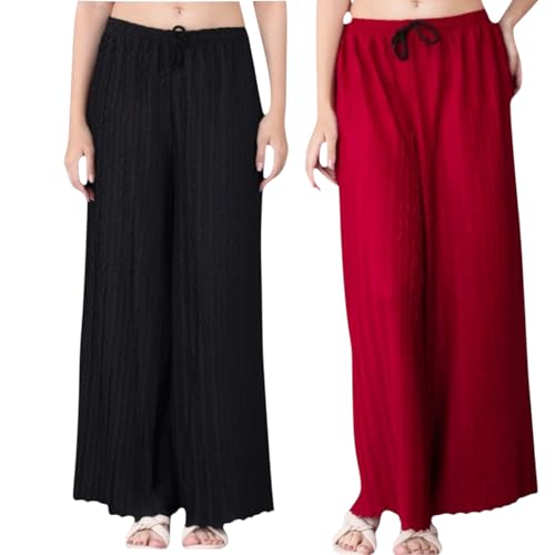 Image of Women Solid Wide Leg Palazzo Pants | Elastic Waist Drawstring Lounge Palazzo Trousers | Casual Comfortable Palazzo for Women & Girls