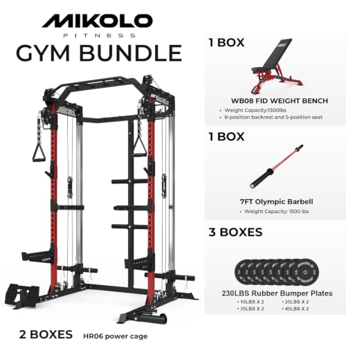 Image of Mikolo HR06 Power Cage with Aluminum Pulleys, 2000LB Power Rack with Independent Dual Pulley System, Multi-Function Home Gym Workout Machine for Cable Crossover