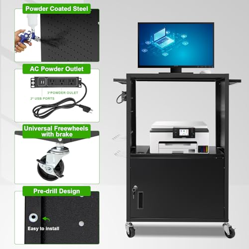 HONYTA AV Cart, Computer Cart with Wheels and Power, Steel Utility Cart with Locking Cabinet, Projector Media Handcart with DIY Side Pegboard & 12 Hooks for School Office, 18” X 26” X 40”, Black - Thumbnail 4