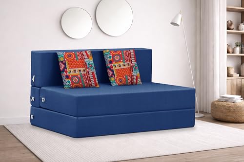 Image of Rosebell Two Seater Foldable Sofa Cum Bed (4x6 Feet) ? Jute Fabric, Washable Removable Cover, Includes Cushion | Space Saving Convertible Sofa Bed for Home, Office & Guests - Blue