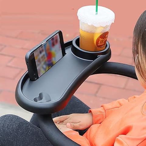 Yuehuam Universal Stroller Snack Tray with Cup Holder, 3 in 1 Stroller Cup Holder with Snack Tray & Phone Holder with 2 Extendable Grip Clip for Most Flat/Round Handrail Tubes Baby Accessory Cover