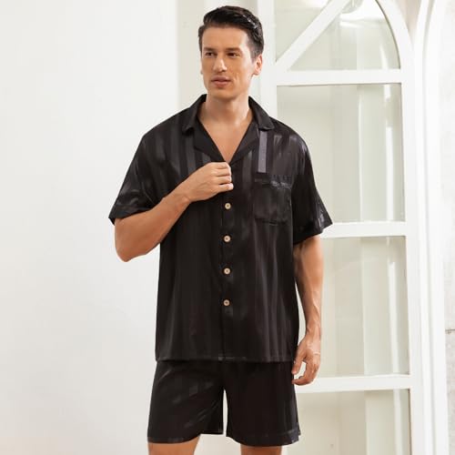 Men's Silk Satin Pajama Sets,Striped Print Short Sleeves Sleepwear,Coconut Buttons Pj Sets With Top Pocket For Mens2