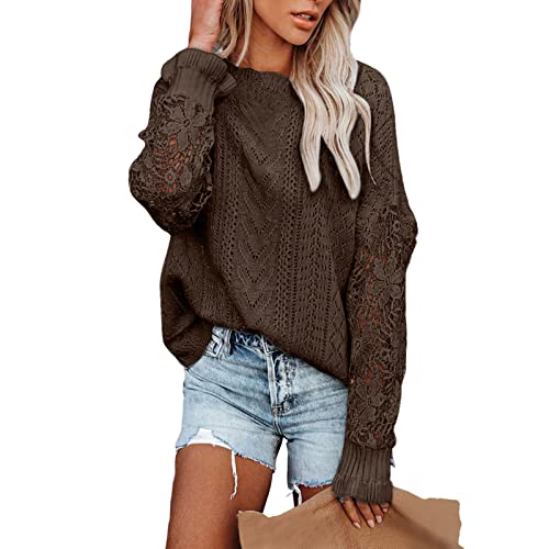 Lace Fall Sweaters Aesthetic Winter Autumn Sweaters for Teen Girls Knitted Casual Jumper Tops Color Block Trendy Coffee2