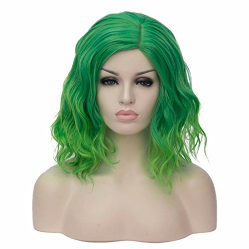 BUFASHION 14" Women Short Ombre Green Wavy Curly Bob Wig Heat Resistant Synthetic Wig Halloween Cosplay Daily Party Wigs Include Wig Cap (Ombre Green)