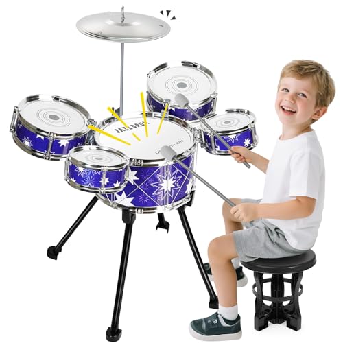 LALAHO - Batterie Pour Enfants, Kit De Batterie 3 Pièces Pour Débutants Avec Tabouret, à Partir De 3 Ans - Bleu - Instruments De Musique