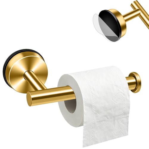 MGahyi Suction Cup Toilet Paper Holder SUS 304 Stainless Steel No Drill Removable Wall Mount Toilet Roll Holder Waterproof Rustproof Tissue Rack for Bathroom Fits Smooth Tile Glass Marble(1 Gold)