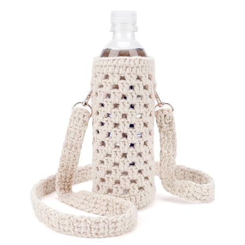 Linkidea Disposable Water Bottle Carrier with Shoulder Strap Compatible with 16.9/20 Fl Oz Lifewtr, Smartwater, Handmade Plastic Bottled Water Cover Holder (Beige)