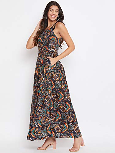 Image of HELLO DESIGN Women Navy Printed Shoulder Straps A-line Maxi Dress