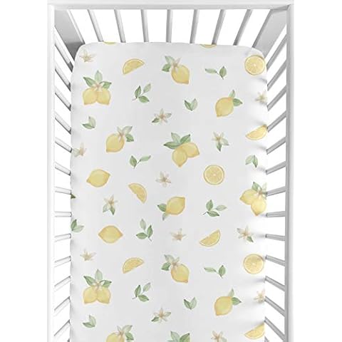 Sweet Jojo Designs Lemon Floral Girl Fitted Crib Sheet Baby or Toddler Bed Nursery - Yellow Green Beige White Watercolor Boho Bohemian Farmhouse Fruit Flower Blossom Botanical Leaf Cover