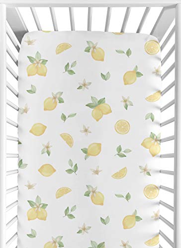 Image of Sweet Jojo Designs Fitted Baby Crib Sheets (Lemon Floral) for Girls, Infant Nursery, Toddler Room - Standard Size (Watercolor, Boho, Bohemian, Farmhouse, Fruit, Leaves, Flower Blossom, Botanical Leaf)