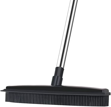 Landhope Rubber Broom Indoor Sweeper with Squeegee Edge & 50 inch Adjustable Thickened Handle Non Scratch Soft Bristle, Outdoor Broom for Pet Cat Dog Hair Carpet Kitchen Window Cleaning Black Upgrade