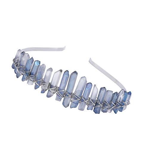 Raw Crystal Quartz Crown Headband Natural Rhinestone Tiara Hair Accessories for Women Party Wedding Holloween (Blue)