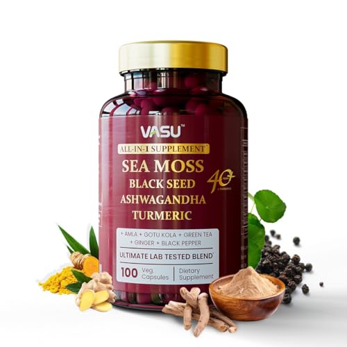 Vasu Sea Moss Capsules - 100 Count - Sea Moss Black Seed Oil Ashwagandha Ginger Irish Sea Moss Capsules for Stamina Strength Endurance - Sea Moss Pills for Men & Women