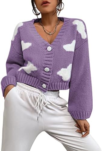 WDIRARA Women's V Neck Button Front Long Sleeve Crop Cardigan Casual Sweater Purple Clouds S