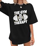 Lytiarul Funny Gym Shirts for Women Workout Weight Lifting Tshirts Weightlifting Graphic Oversized Gym is My Therapy Tee Tops(Black,S)