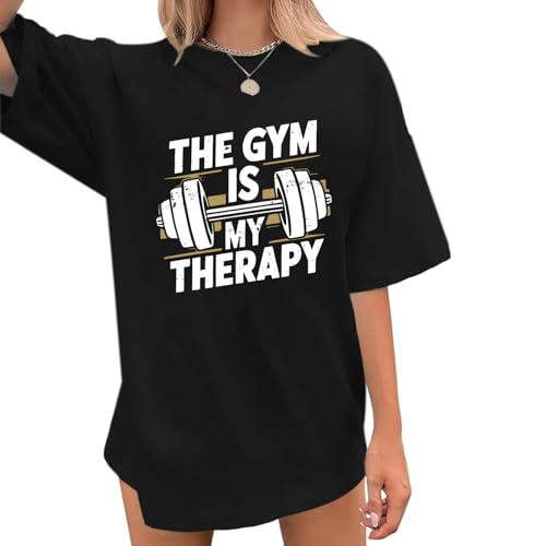 Funny Gym Shirts for Women Workout Weight Lifting Tshirts Weightlifting Graphic Oversized Gym is My Therapy Tee Tops