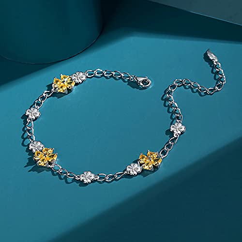 Image of JIANGXIN Lucky Four leaf clover 925 Sterling Silver Birthstone Chain Link Bracelet for Women Gemstone Jewelry Shamrock Birthday Gift 16+4cm